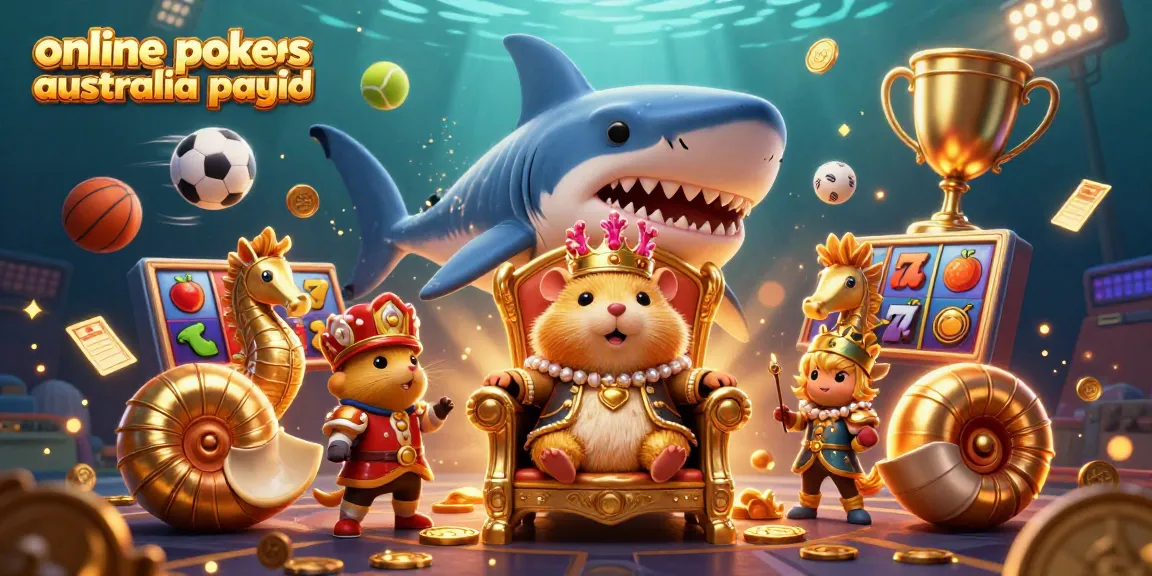 Online pokies Australia PayID scene with a golden hamster king and slot game elements