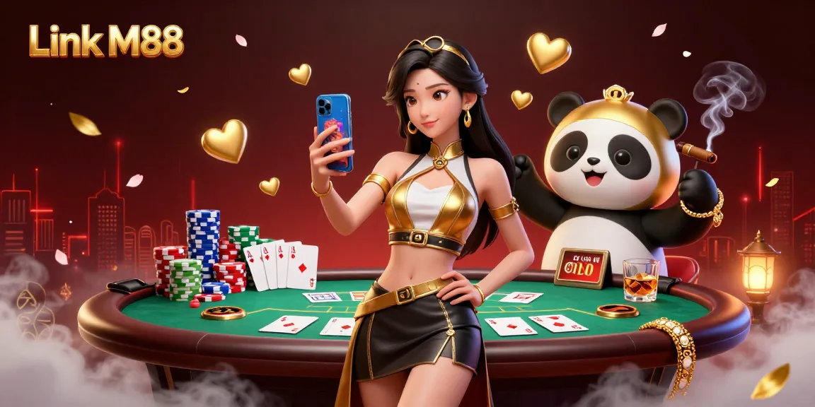 Win exciting casino games at Link M88 with stunning visuals of players and vibrant poker elements.