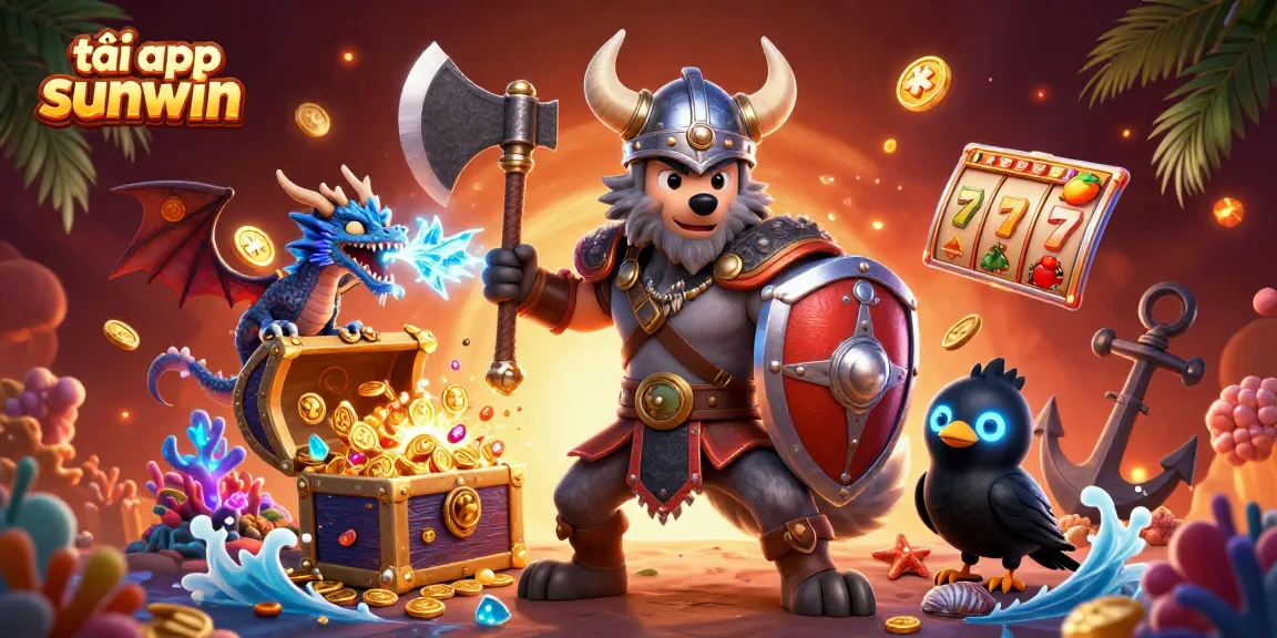 Engage in excitement with tải app sunwin, featuring a Viking wolf warrior surrounded by vibrant casino elements.