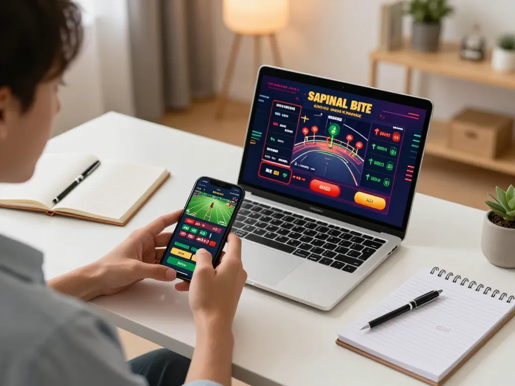 sky88 home betting scene with user engaging with sports betting app and laptop interface