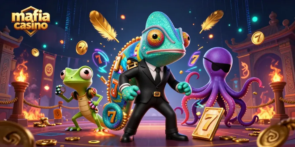 Engage with mafia casino gameplay featuring a dynamic scene of cartoon characters in a thrilling casino atmosphere.