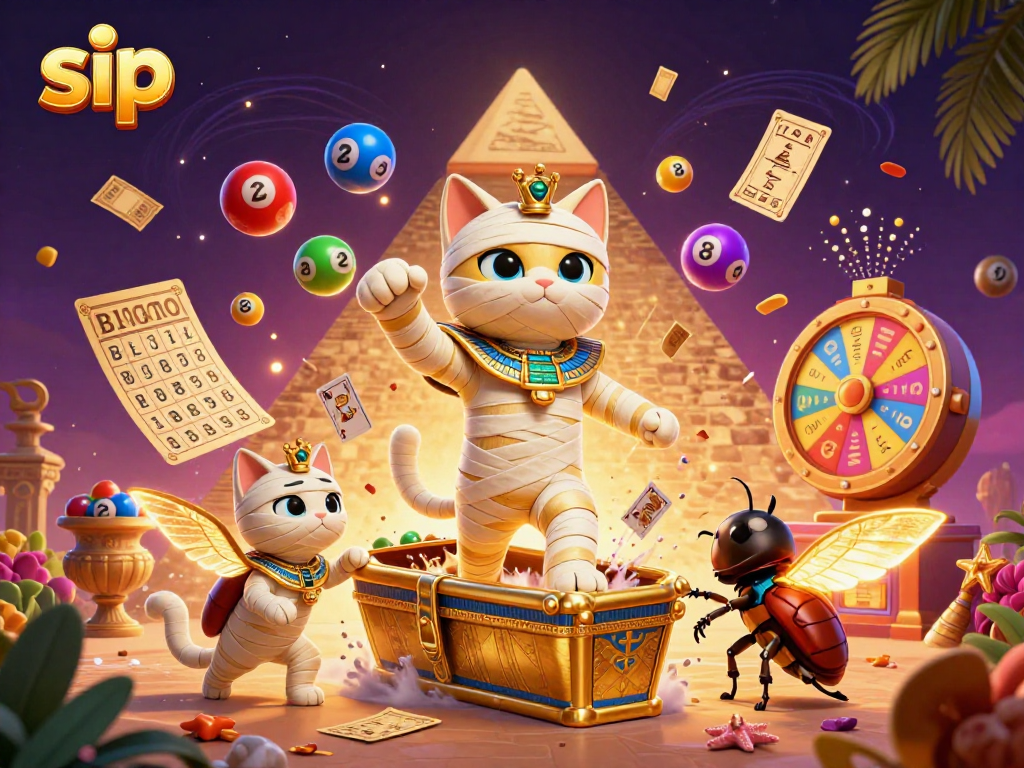 Sip through thrilling lottery games, with vibrant 3D illustrations of a mummy cat and golden elements exuding excitement.