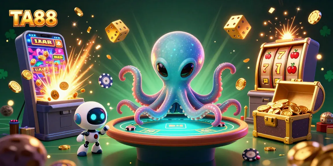 TA88 alien octopus operates a holographic poker table in a vibrant casino scene.
