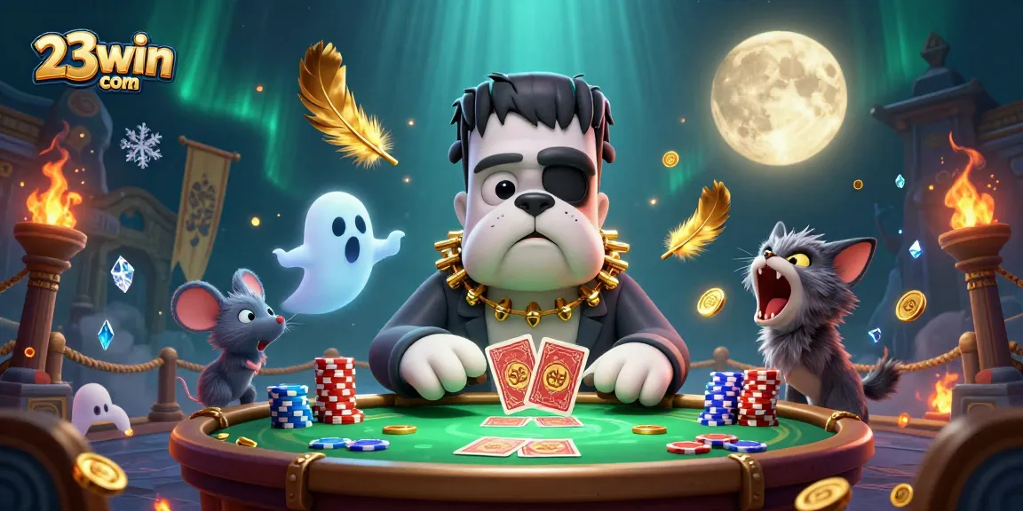 Engage in fun with 23win com as Frankenstein bulldog deals cards amidst vibrant casino elements.