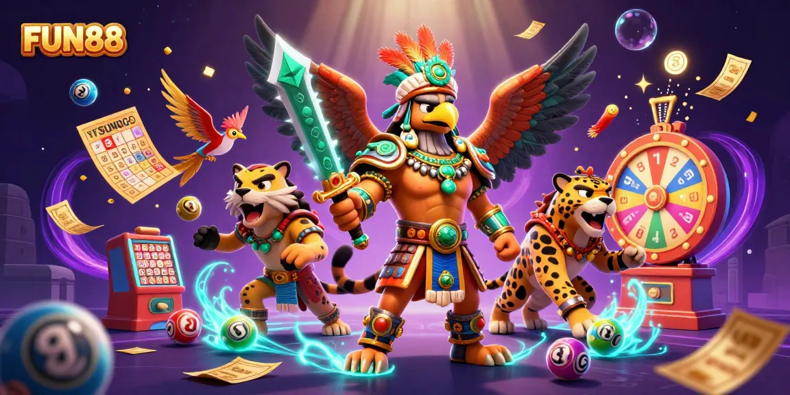 Engage with FUN88's exciting gambling scene featuring vibrant lottery elements and dynamic characters.