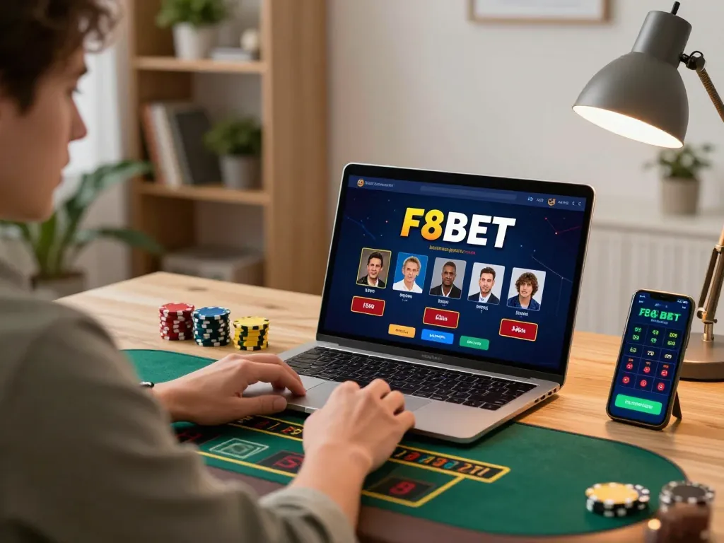Player engaging in live betting on F8BET, showcasing a dynamic online gambling experience in a modern home setup.