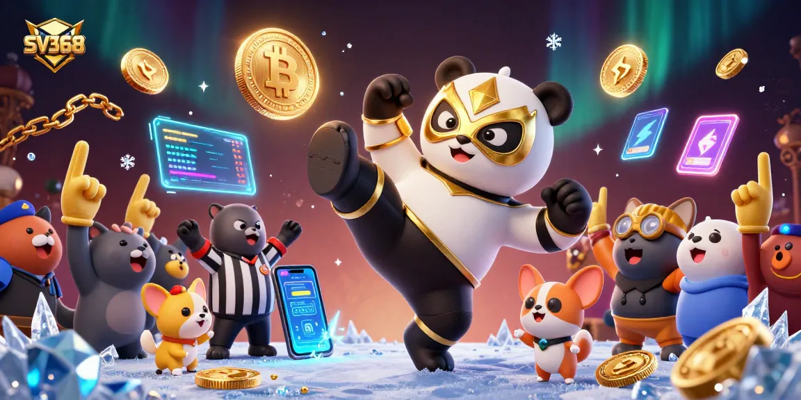 SV368 offers exciting promotions in a vibrant 3D scene featuring engaging animals and cryptocurrency elements.