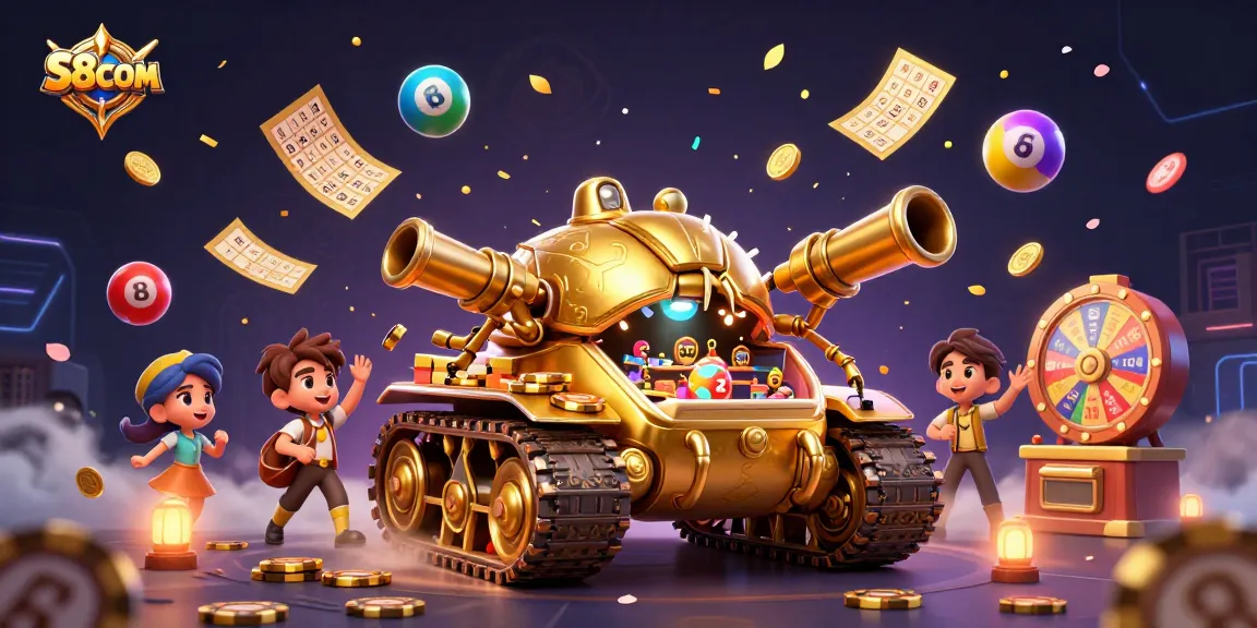 S8COM brings excitement with a golden beetle tank revealing a mini casino amidst colorful lottery balls.