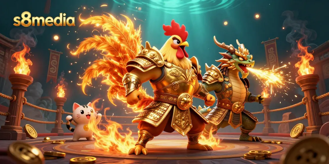 Experience thrilling gaming with s8media: Cartoon rooster warrior in golden samurai armor!