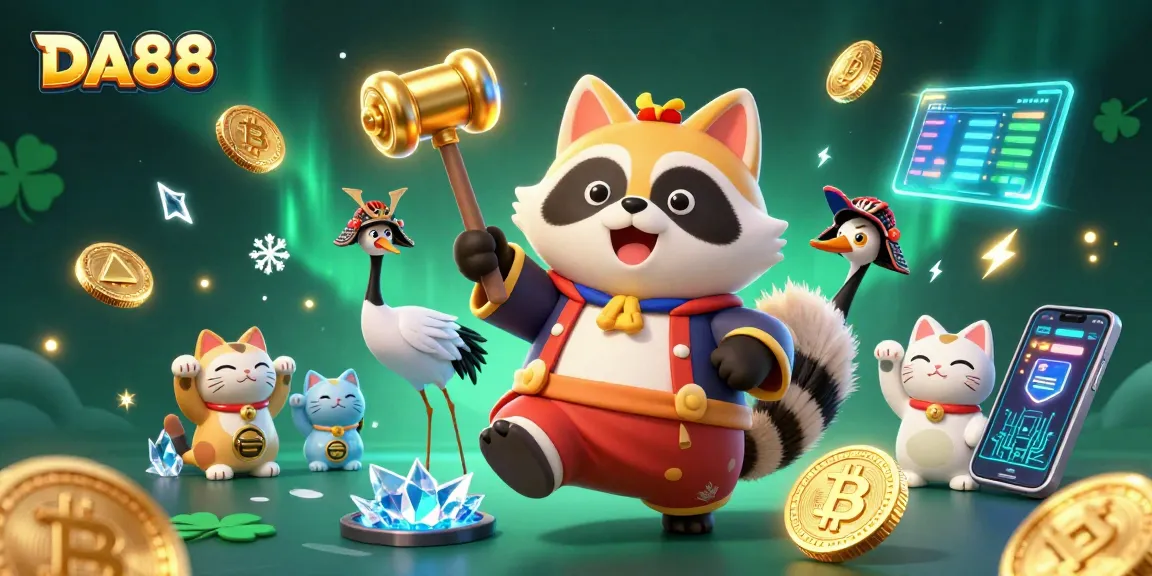 Engage with DA88’s vibrant gaming world featuring a cheerful tanuki, crypto elements, and festive atmosphere.