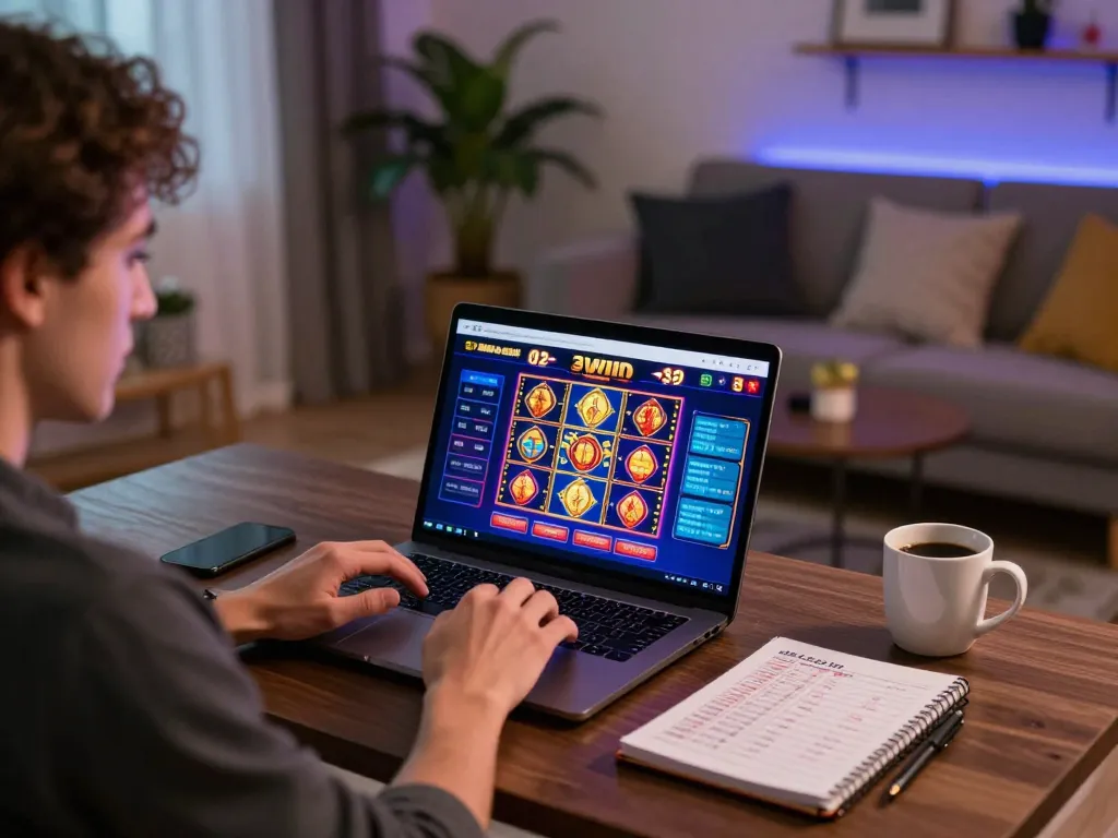 Player engaging with the 32win gaming interface on a laptop, surrounded by strategies in a cozy setting