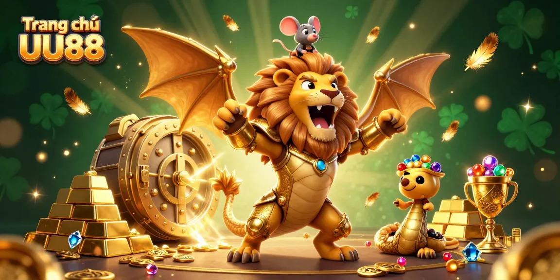 Win big with the dynamic scene featuring Trang chủ UU88, highlighting luxurious casino elements and a triumphant chimera.