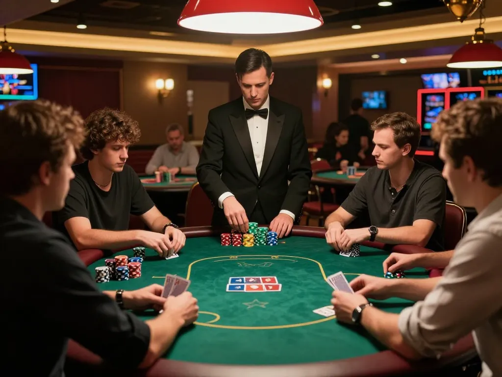 Players engaging in a high-stakes poker game at a casino table, focusing on a strategic DA88 moment of action.