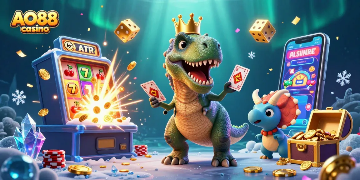 Experience the excitement at AO88 casino with a T-Rex dealing cards, surrounded by slot machines and golden prizes.