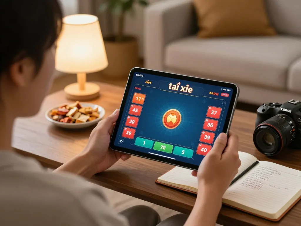 Playing tài xỉu online on a tablet in a cozy home setting with snacks and strategy notes