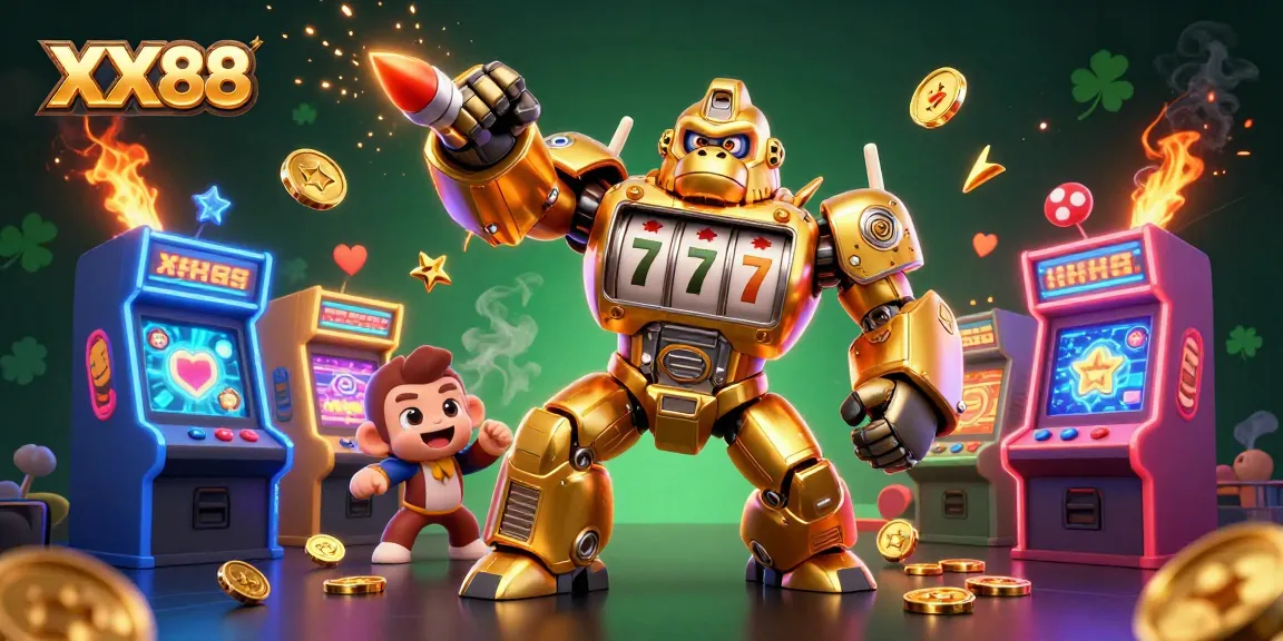 Engage with XX88's thrilling gaming experience featuring a golden gorilla mech in a vibrant casino arcade.