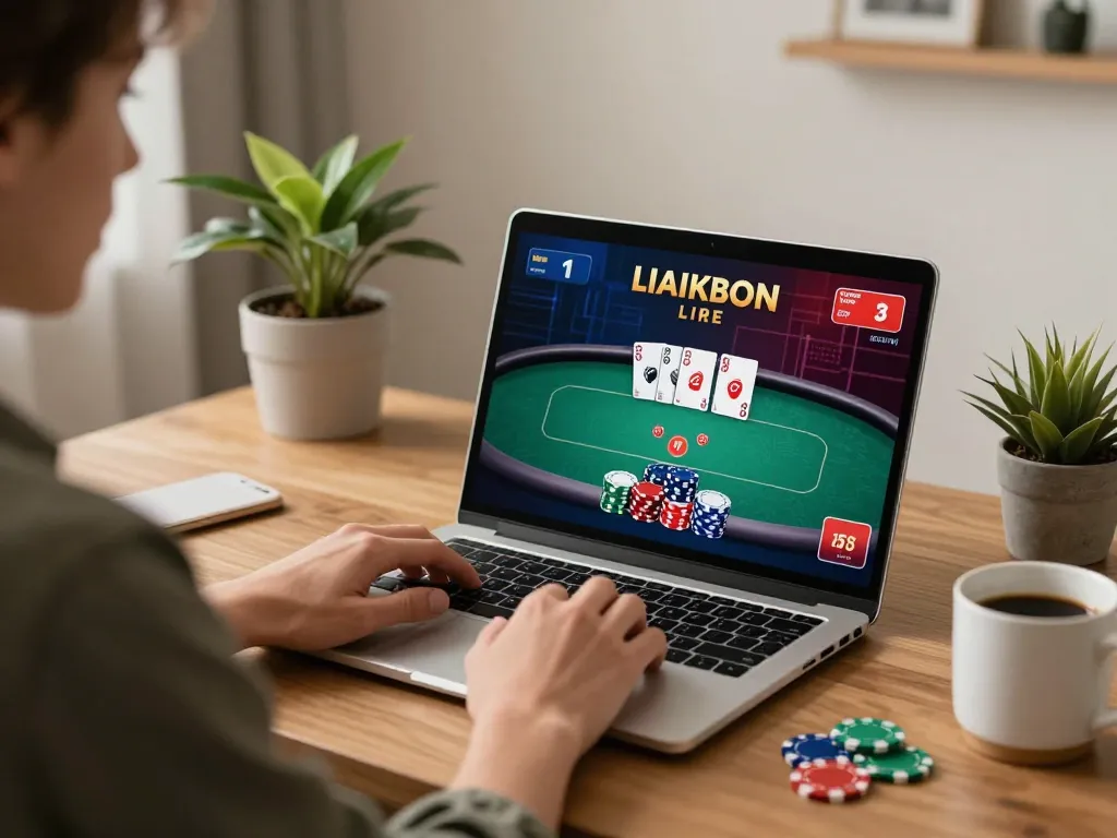 77WIN player strategizing in cozy home office during online poker game