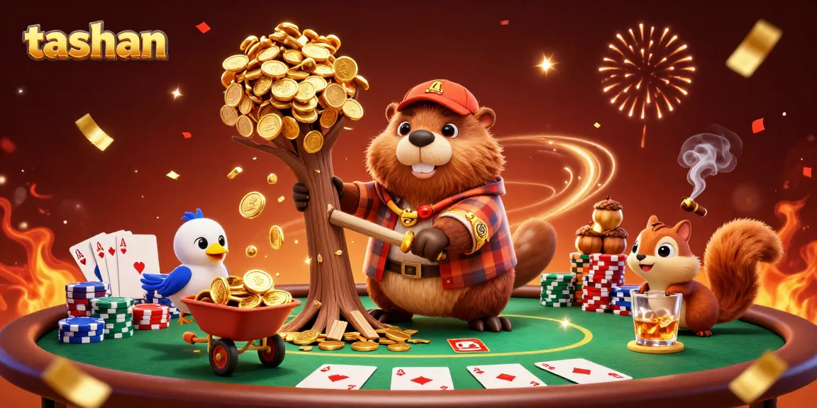 Tashan casino scene featuring a beaver chopping a coin tree, with poker elements enriching the action.