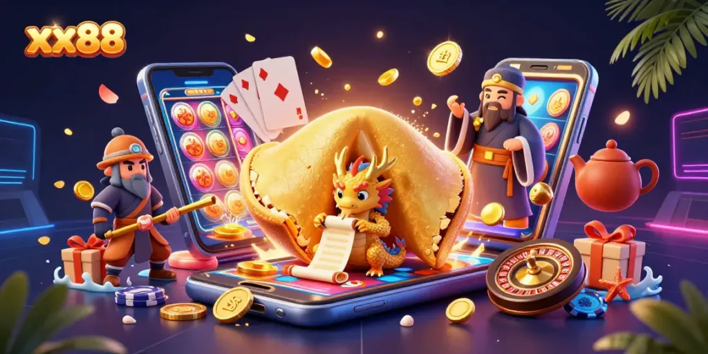 Experience the thrilling xx88 casino with fortune cookie characters and vibrant slot games.