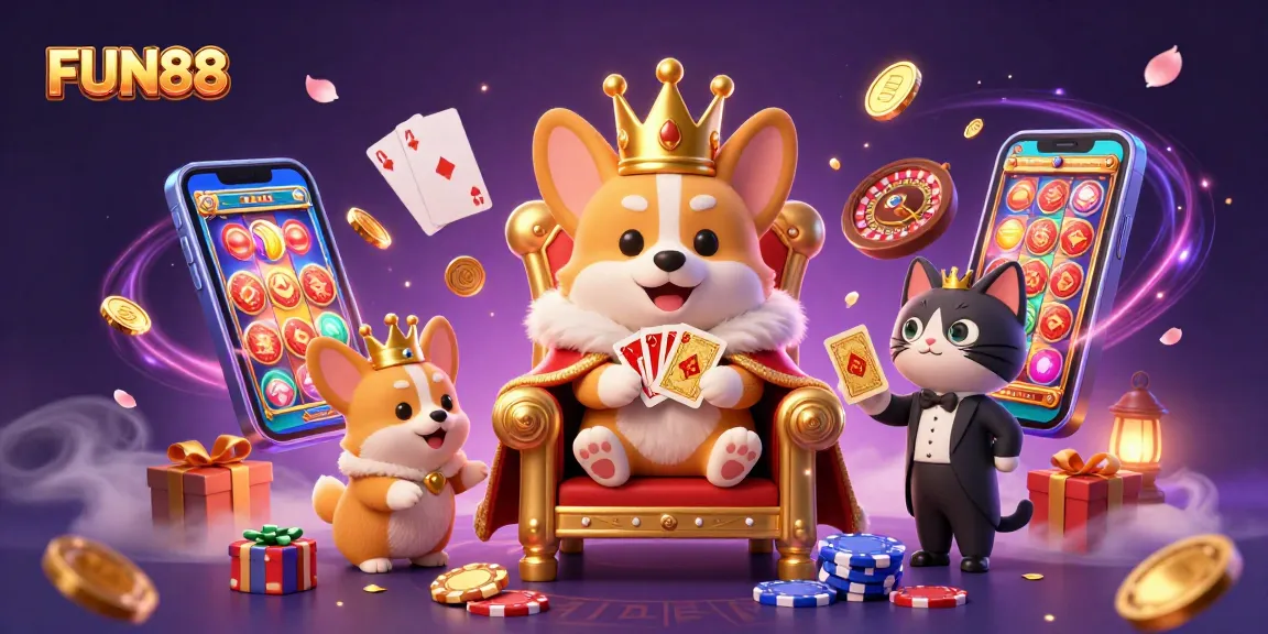 Spin the reels at FUN88 with a playful corgi king in a vibrant casino scene.