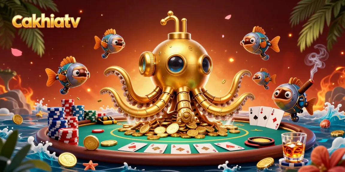 Engage with cakhiatv's vibrant gaming experience featuring poker elements and a golden kraken submarine.