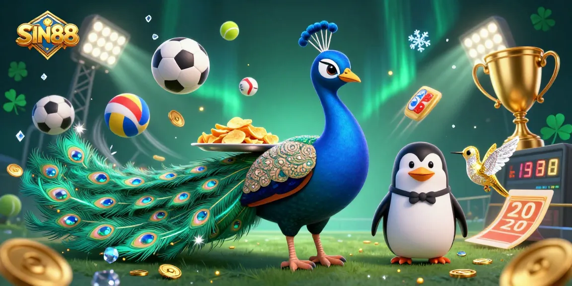 SIN88 sports betting showcase with colorful 3D characters, trophy, and dynamic elements.