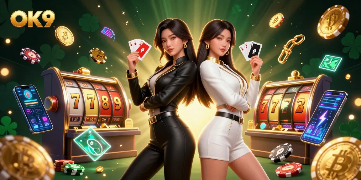 Engage with OK9's thrilling online casino world featuring stunning Asian women holding playing cards.