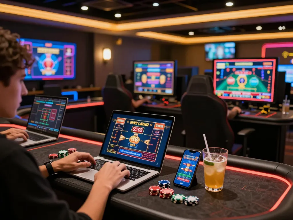 Engaging player enjoying SV368 online casino games on a laptop, showcasing dynamic gaming experience.