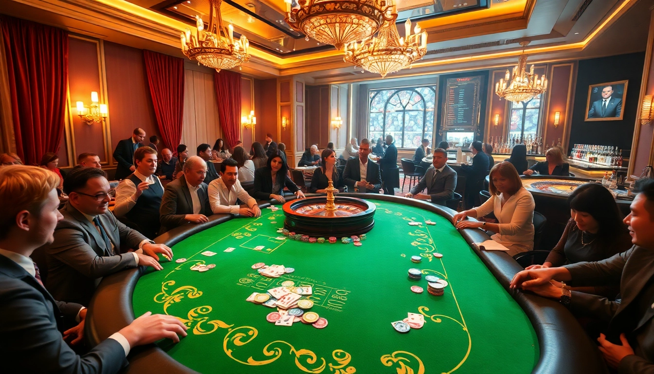 C168 poker table bustling with players and vibrant gambling action in an upscale casino setting.