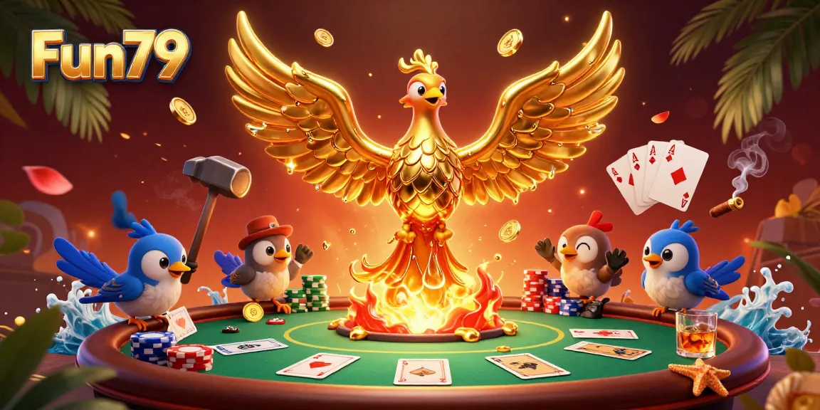 Experience winning at Fun79 with a vibrant illustrated scene of golden phoenix rising above poker tables and chips.