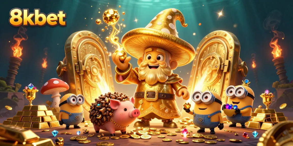 Play and win at 8kbet with an enchanting wizard and treasure-filled casino scene.