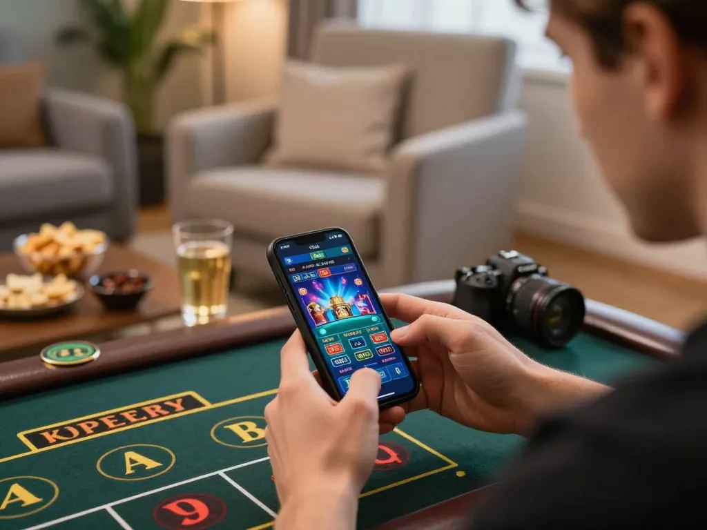 Player enjoying PH22 mobile app for live dealer games in a cozy home setting