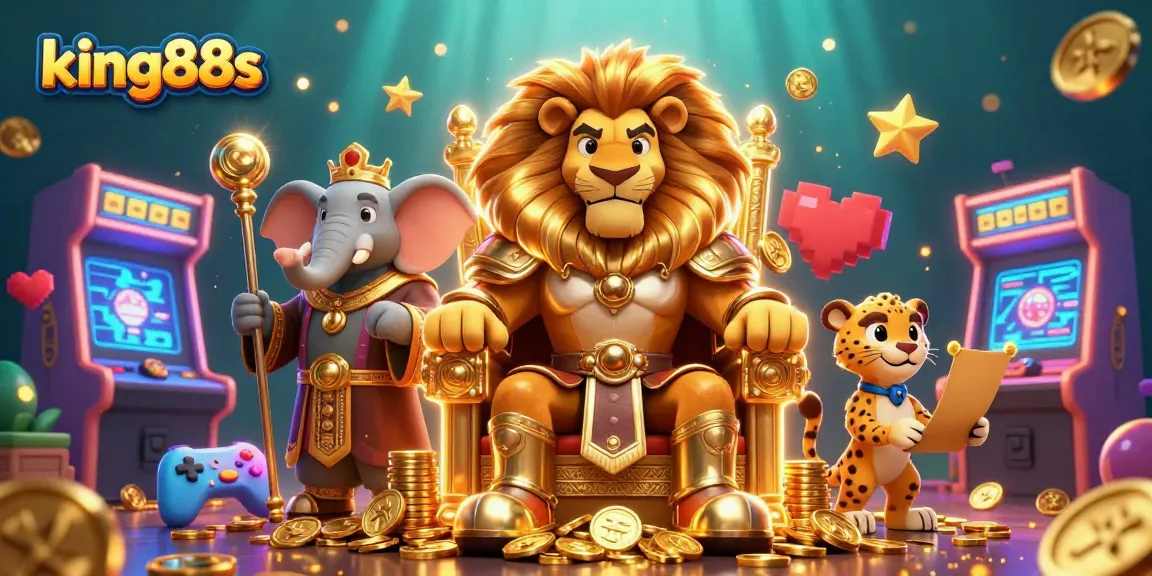 Experience the thrill of king88s with our vibrant casino-themed illustration, showcasing a lion king and his advisors.