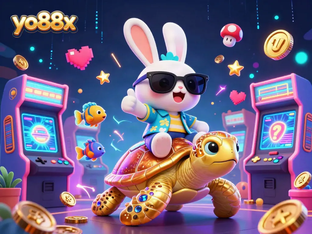 Join the excitement at yo88x, where the lucky rabbit and golden sea turtle celebrate wins in a vibrant casino setting.