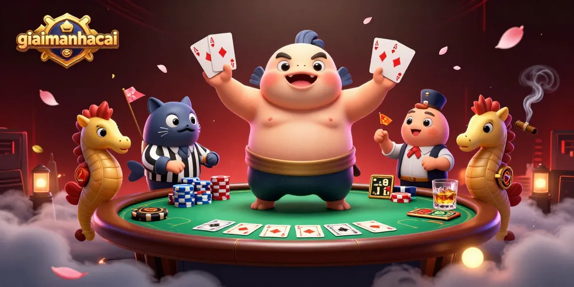 Engage with the thrilling atmosphere of giaimanhacai through this dynamic underwater poker scene featuring a fugu and catfish referee.