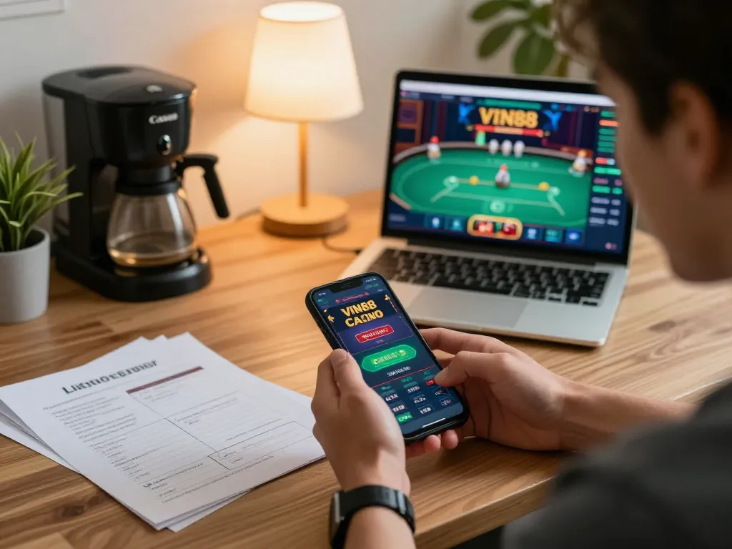 Engaged user placing bets on the VIN88 app, showcasing strategic gameplay at home.