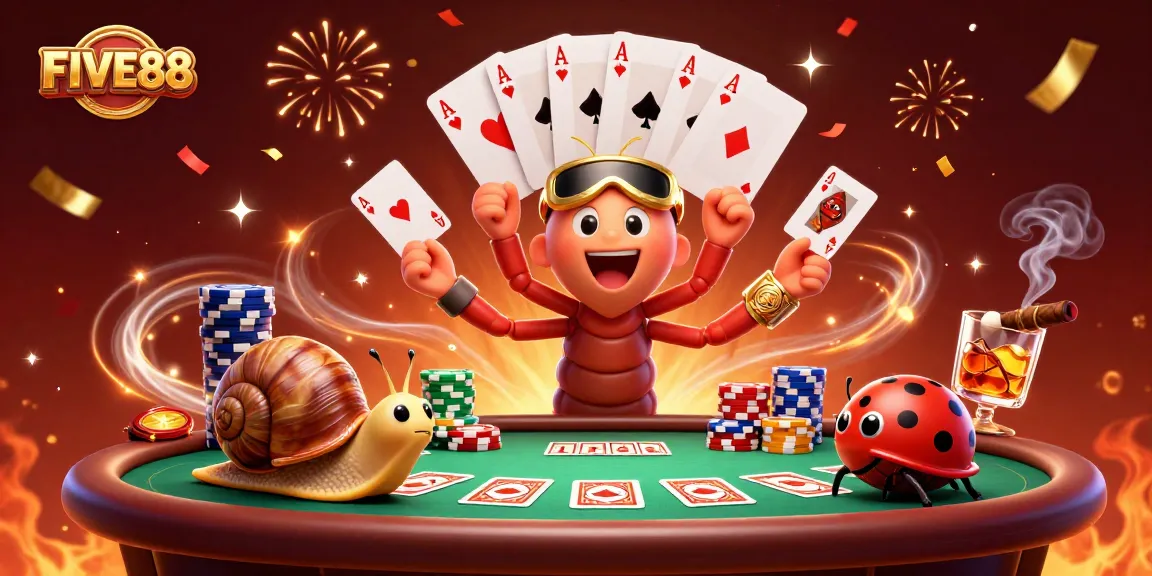 Engage with the FIVE88 poker action featuring a millipede dealer and colorful chip stacks.