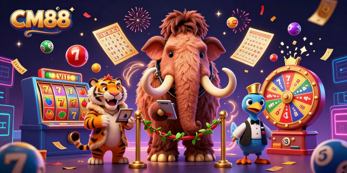 Experience the excitement of CM88 with a vibrant casino scene featuring playful characters and dynamic game elements.