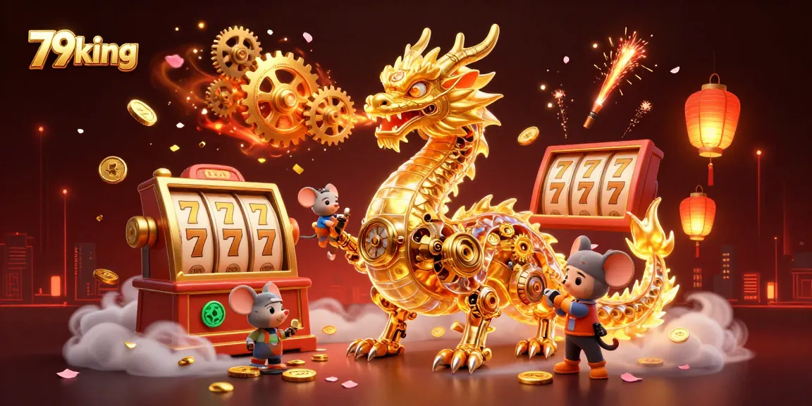 Experience the thrill of gaming at 79king with a majestic dragon surrounded by vibrant slot reels and golden coins.