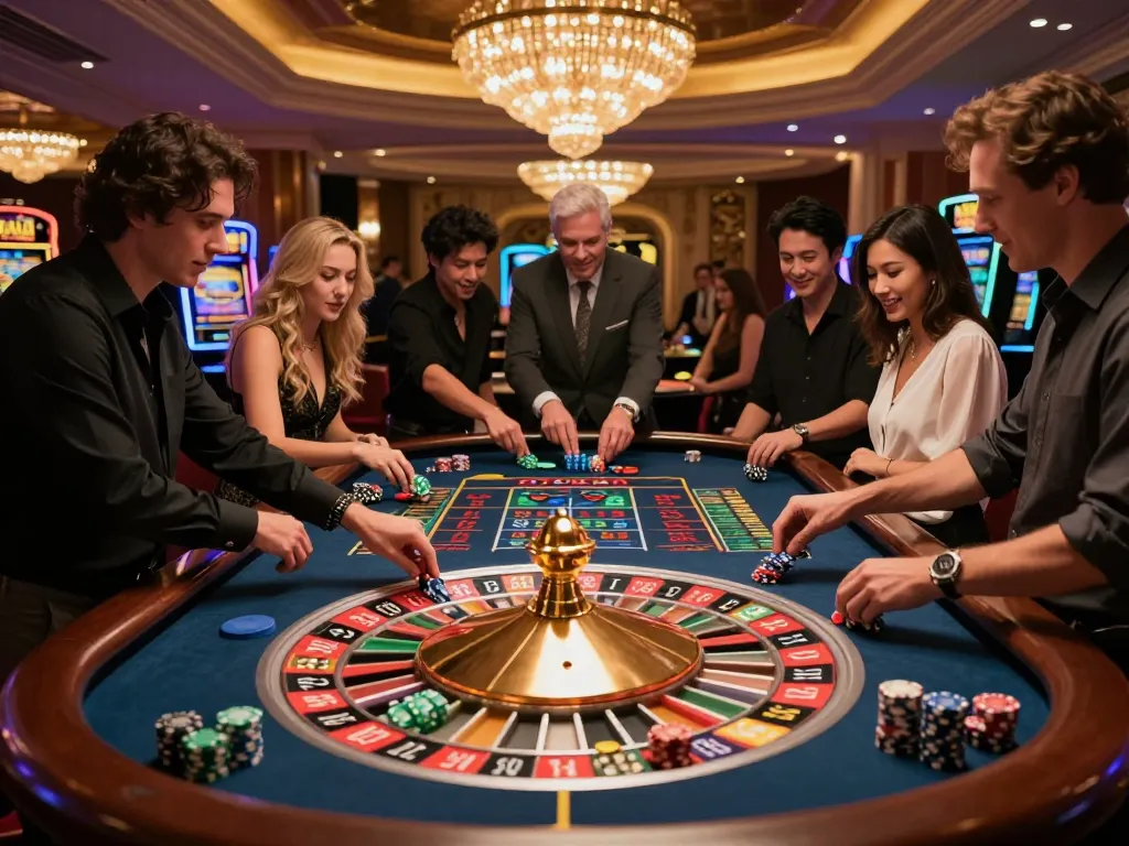 FUN88 roulette table with players eagerly placing bets as the wheel spins in an elegant casino atmosphere