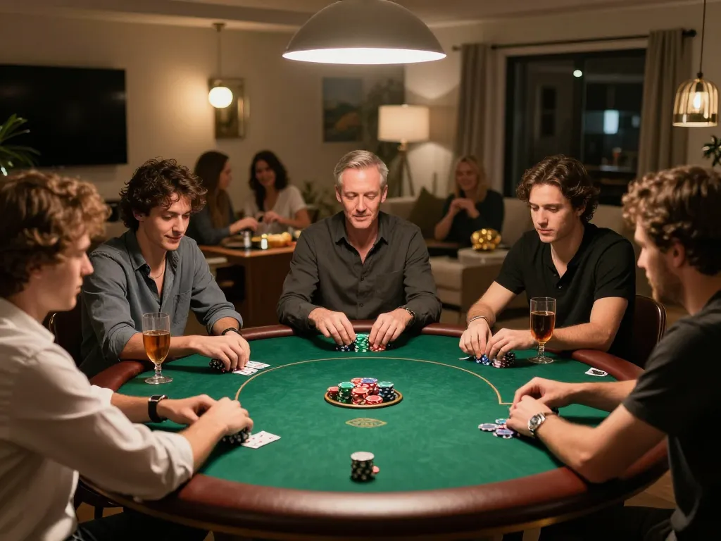 Players strategizing in a friendly poker night at home, engaging with tr88