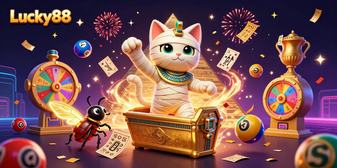 Lucky88 brings excitement with a mummy cat and scarab beetle in a vibrant casino scene.