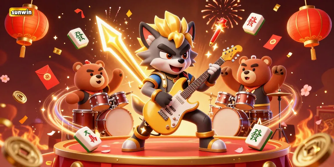 Experience the thrill of gambling with sunwin as a rock star wolf and drummer bear take center stage in a lively casino.