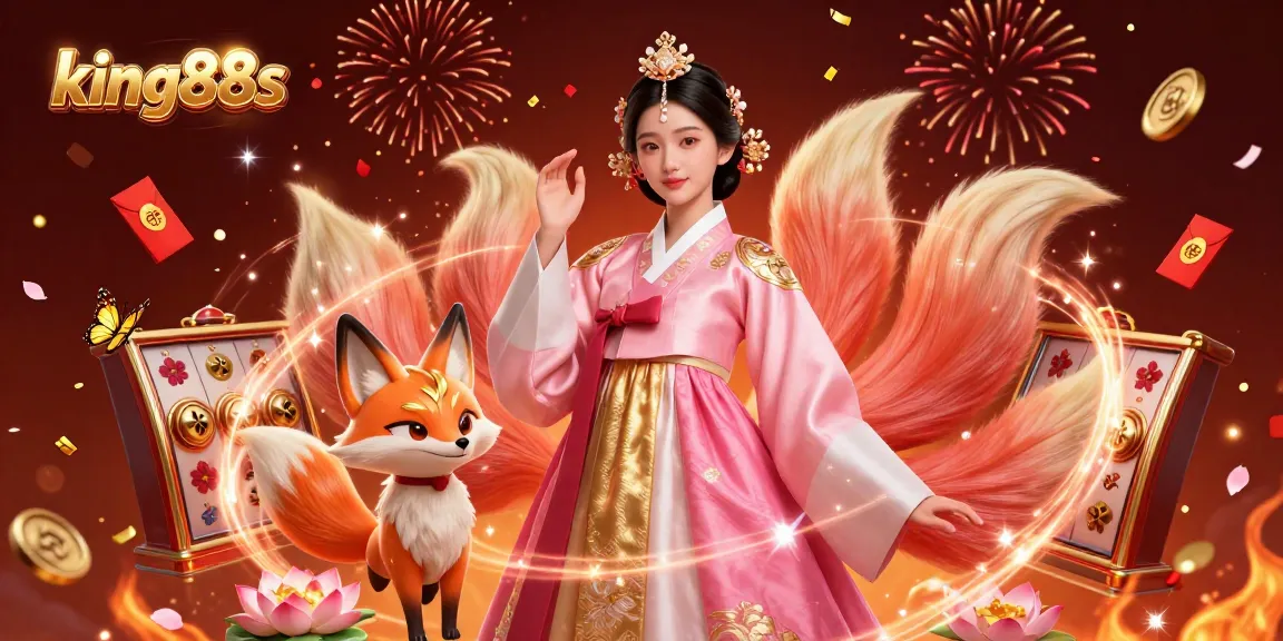Win with king88s in a vibrant 3D gaming scene showcasing a lucky Asian woman and nine-tailed fox.