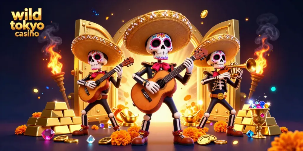 Play at wild tokyo casino with a vibrant mariachi-themed illustration packed with treasures.