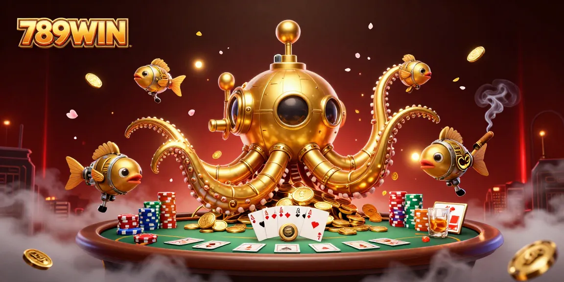 Engage in captivating gaming action at 789WIN with golden kraken submarine and poker elements.