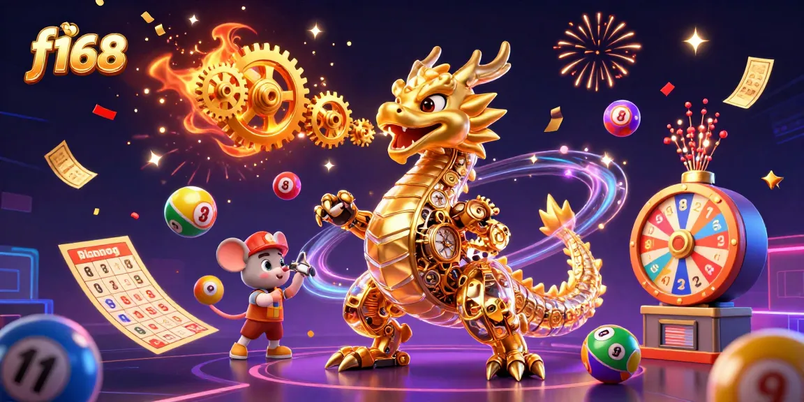Experience the vibrant world of f168 with lottery excitement and gaming elements swirling in celebration.