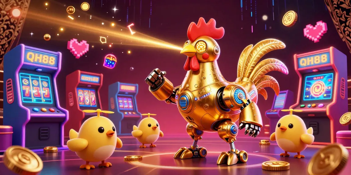 Engage in exciting gaming at QH88 with a vibrant 3D retro-futuristic casino scene.