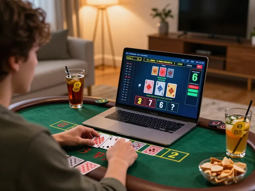 Player enjoying live dealer blackjack at home on ee88 platform with focus on strategy