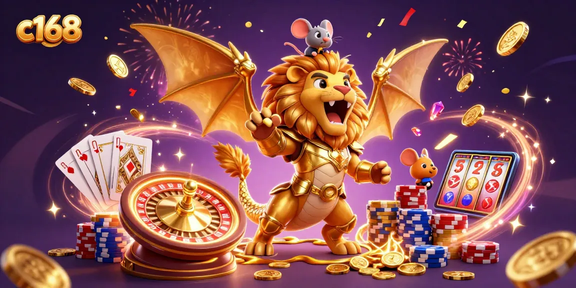 C168 casino experience with a chimera creature, jack pots, and sparkling gems flying around
